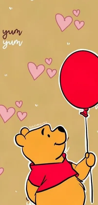 Cartoon bear with red balloon on a brown background with pink hearts.