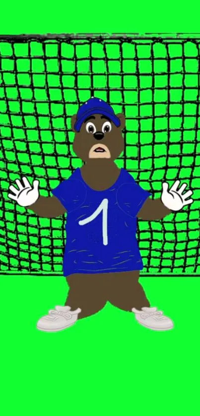 Cartoon bear in goalkeeping pose with net on bright green background.