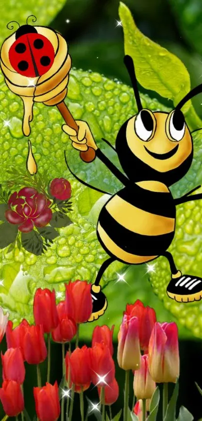 Cartoon bee with honey wand on green leaves and red tulips background.