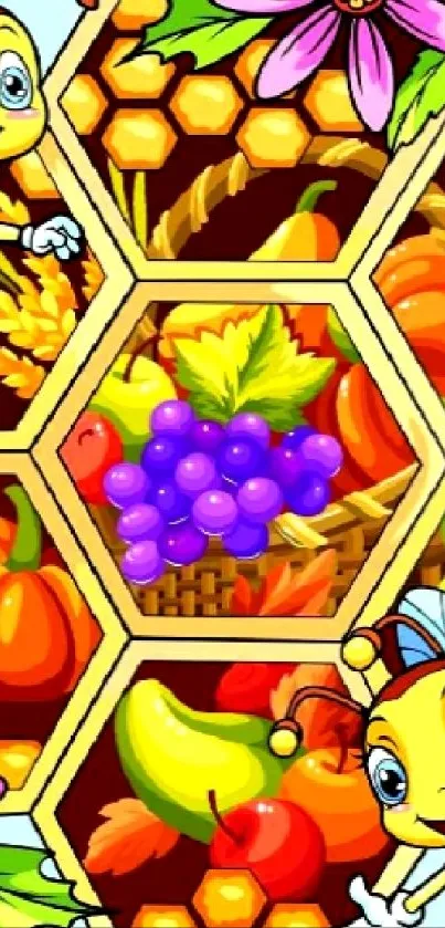 Cartoon bees with honeycomb and colorful nature design for mobile wallpaper.