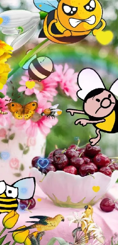 Playful cartoon bees buzz over a cherry-filled table with vibrant flowers.