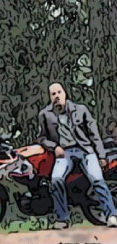 Cartoon style art of a man with a motorcycle in a forest setting.