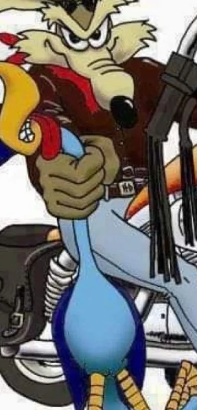 Cartoon biker holding a bird with motorcycle theme.