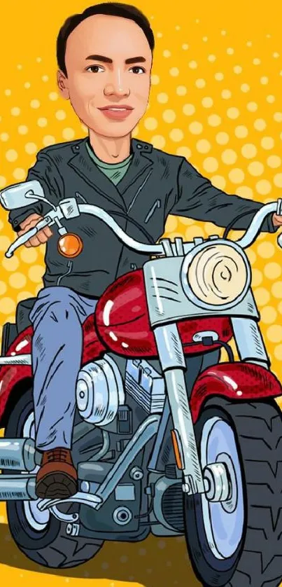 Cartoon biker rides a red motorcycle on a yellow background.