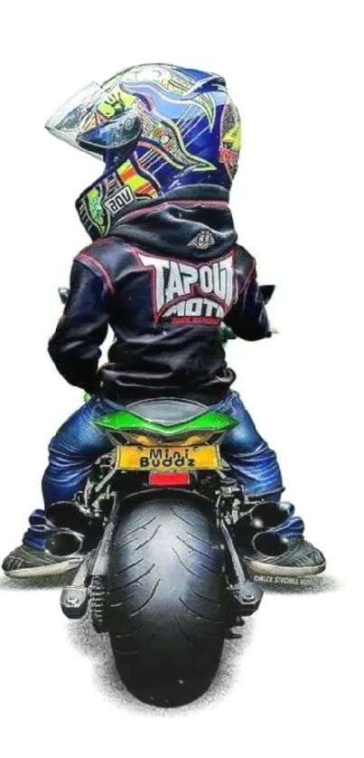 Cartoon biker sitting on a motorcycle.