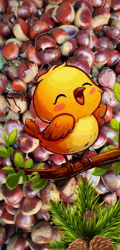 Cartoon bird sitting on a branch against a chestnut background.