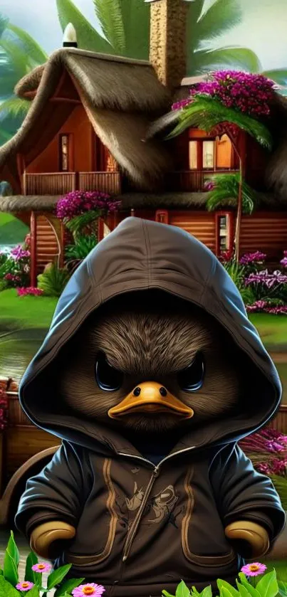 Cartoon bird in hoodie with tropical house, lush greenery background.