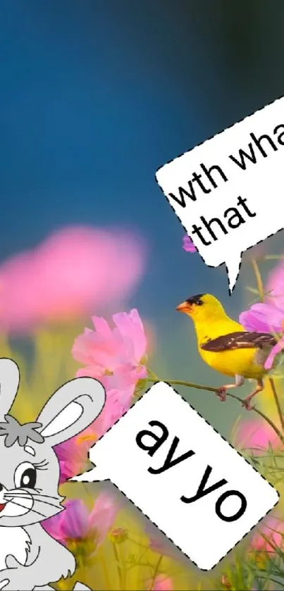Cartoon rabbit and bird with speech bubbles on floral background.