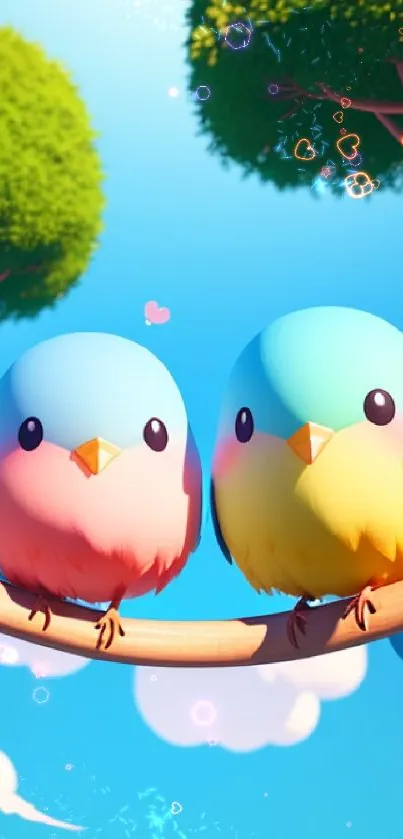 Colorful cartoon birds perched on branch against blue sky.