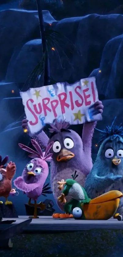 Cartoon birds holding a surprise sign at night.