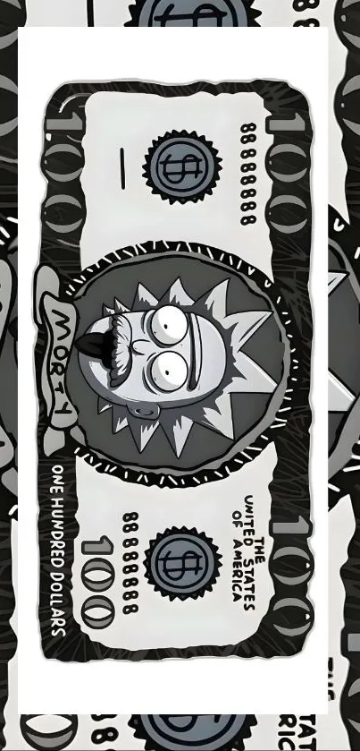 Cartoon money illustration in black and white, featuring a humorous character.