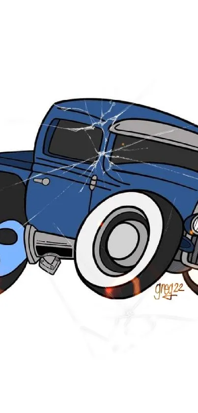 Cartoon blue car with oversized wheels and flames illustration.