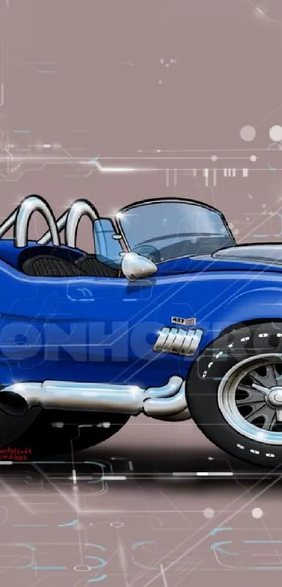 Cartoon blue sports car on a brown background.