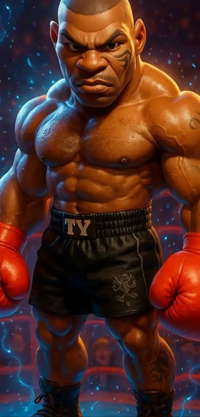 Cartoon illustration of a muscular boxer in the ring with red gloves.