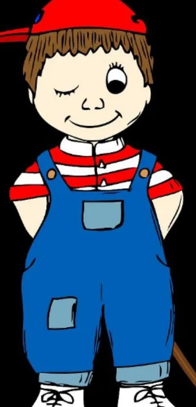 Cartoon boy wearing blue overalls and red striped shirt on black background.