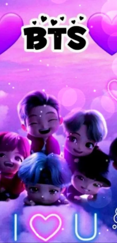 BTS cartoon chibi characters on a dreamy purple cloudscape.