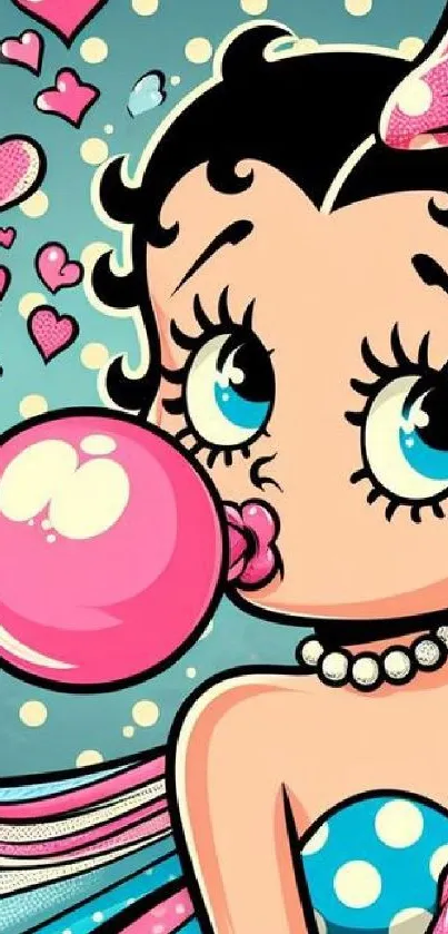 Cartoon character blowing pink bubblegum in vibrant pop art style.