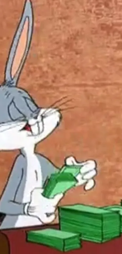 Cartoon bunny counting money with a copper background.