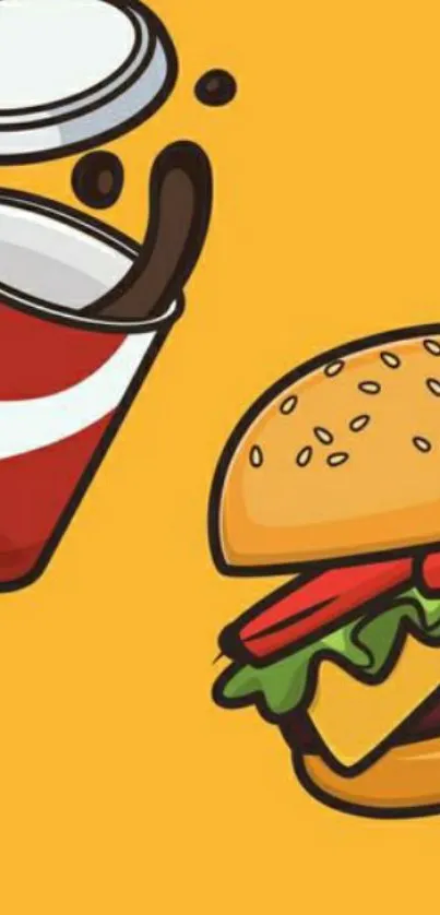 Colorful cartoon burger and drink on yellow background.