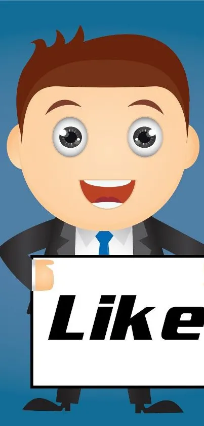 Cartoon businessman with 'Like' sign on blue background.