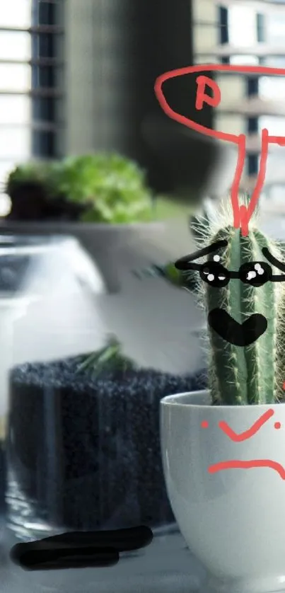 Playful cartoon cactus in a white pot, drawn with a funny face.