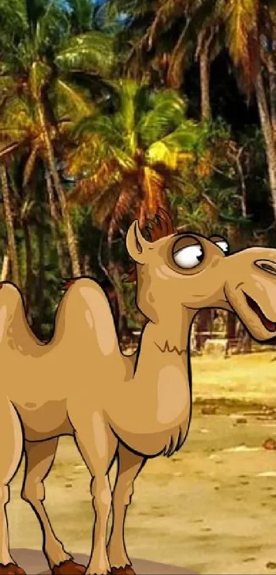 Cartoon camel standing in a tropical oasis with lush palm trees.