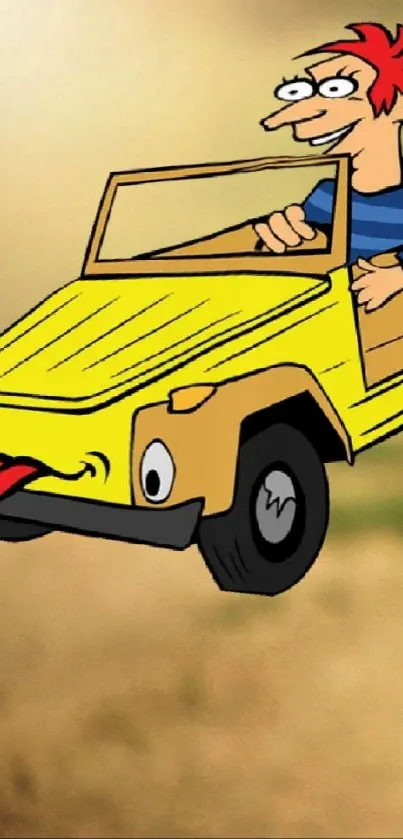 Cartoon guy with red hair driving a yellow jeep.