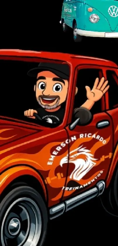 Cartoon driver waving from a red car with a black background.