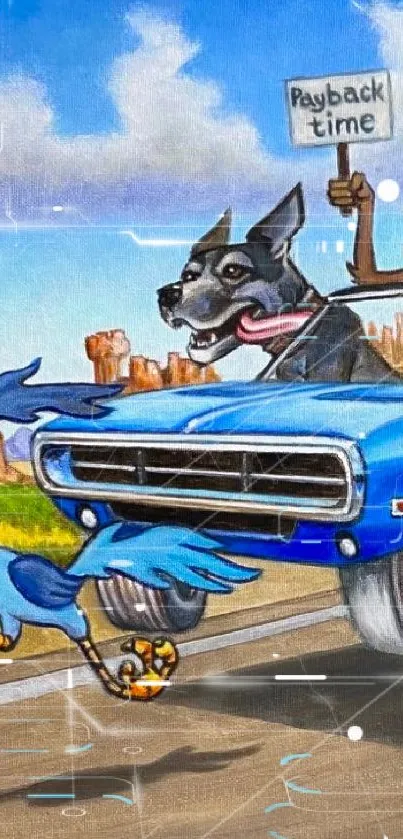 Cartoon car chase in desert setting with vibrant blue car.