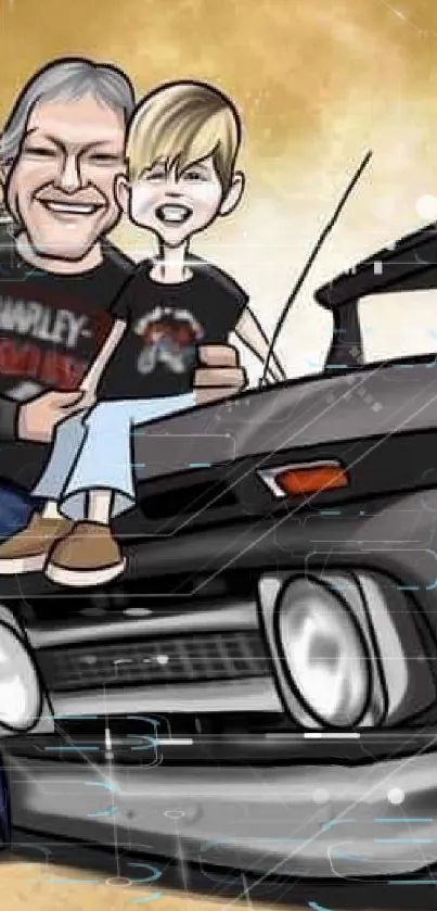 Cartoon image of two characters with a classic car in beige background.