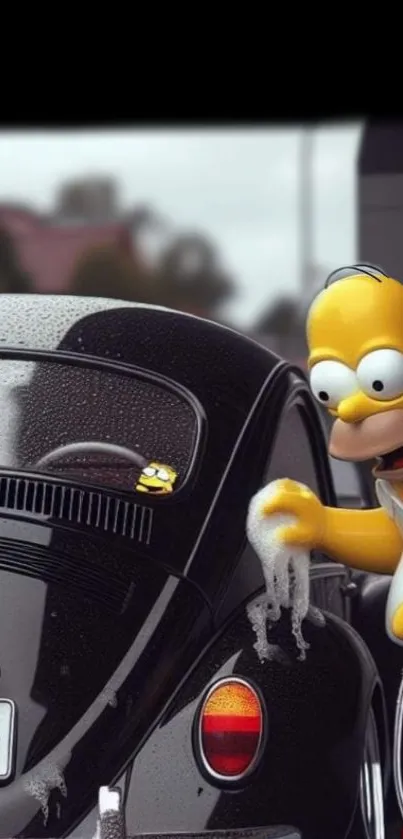 Cartoon character washing a classic car with a sponge, creating a humorous scene.