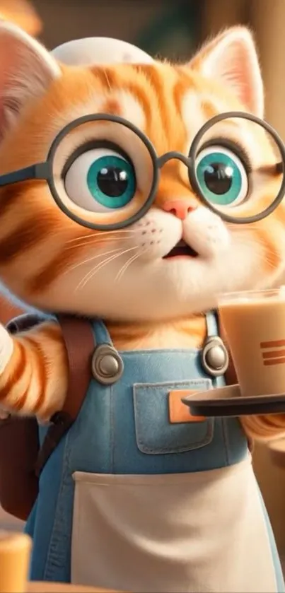 Cartoon cat barista with glasses serving coffee.