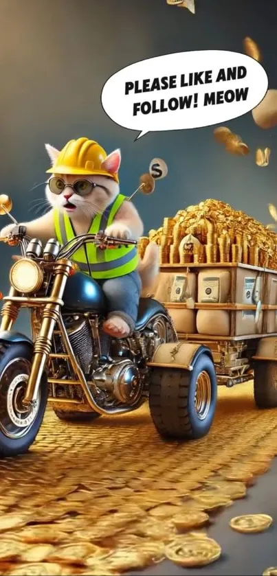 Cat in construction gear on bike with gold coins.