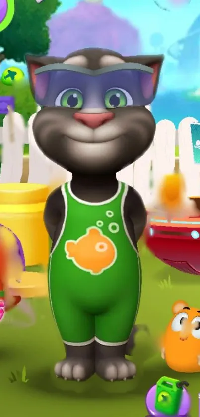 Cartoon cat in green outfit with playful background.