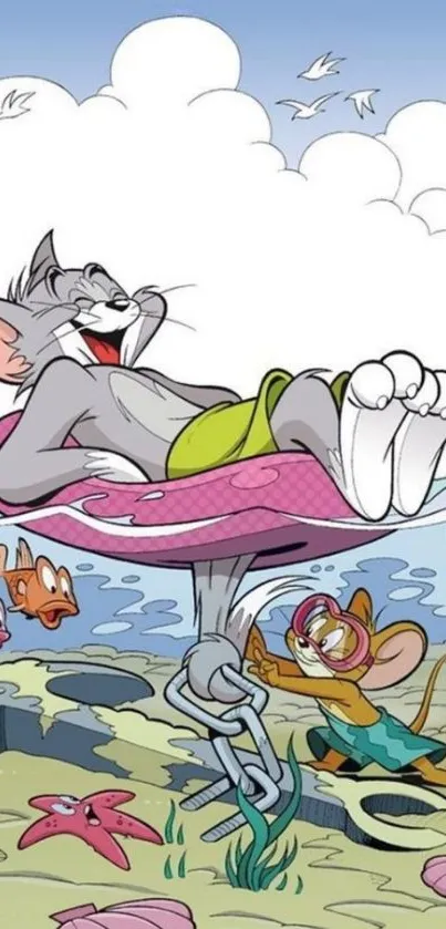 Cartoon cat and mouse in a colorful aquatic setting, ideal for mobile wallpaper.