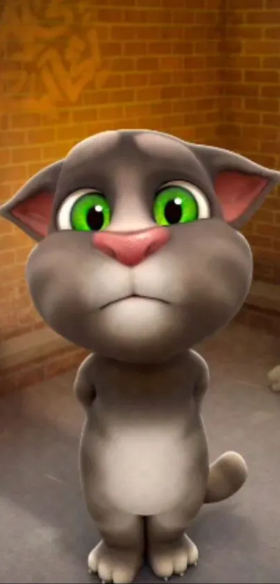 Cute cartoon cat with green eyes on a mobile wallpaper.