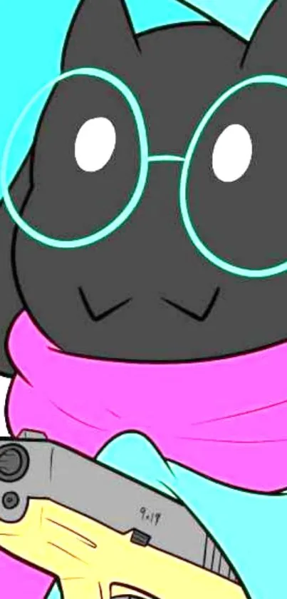 Cartoon cat with glasses wearing a pink scarf and bright colors on a mobile wallpaper.