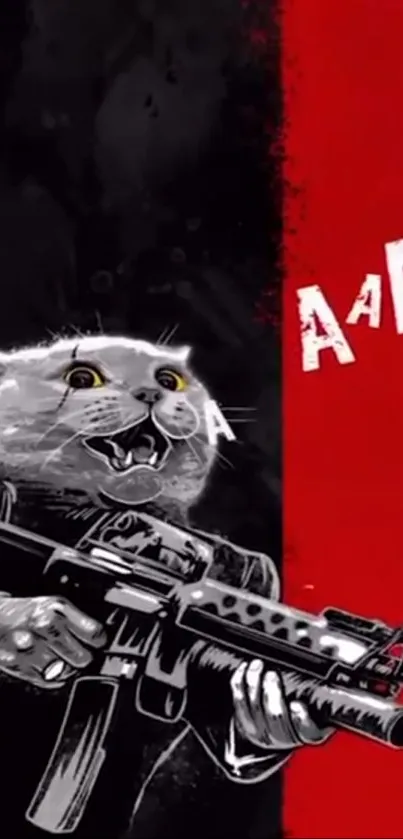 Cartoon cat holding a weapon with a red background.