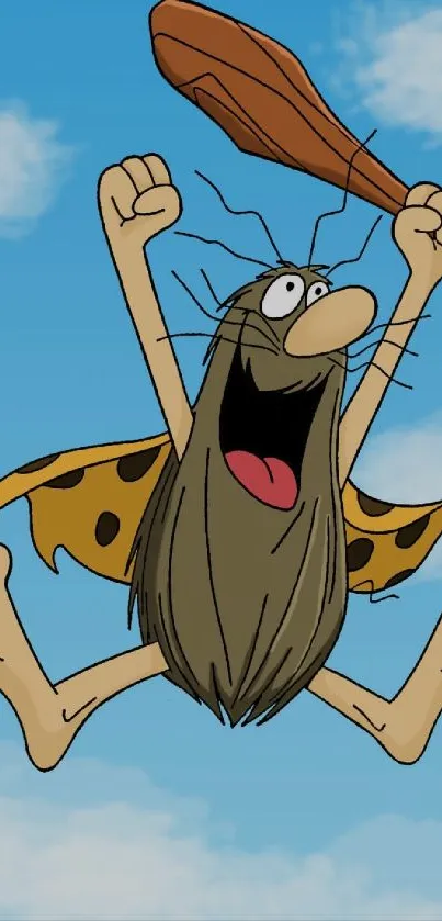 Cartoon caveman character jumping skyward with a club on a blue sky background.