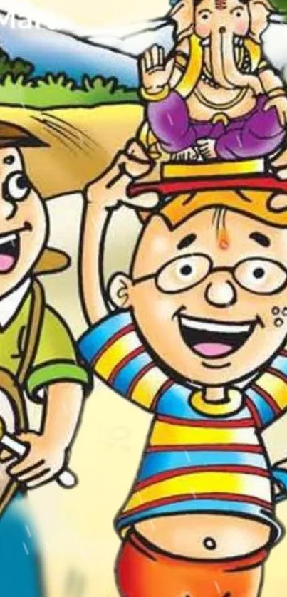 Cartoon kids celebrate with Lord Ganesha idol.