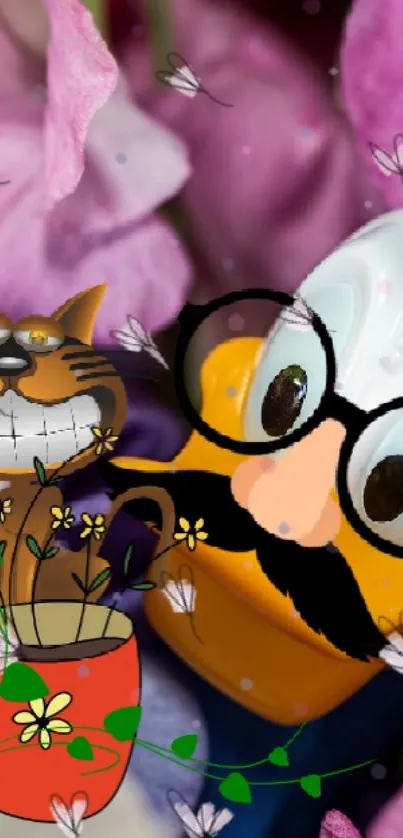 Cartoon character with glasses among bright flowers.