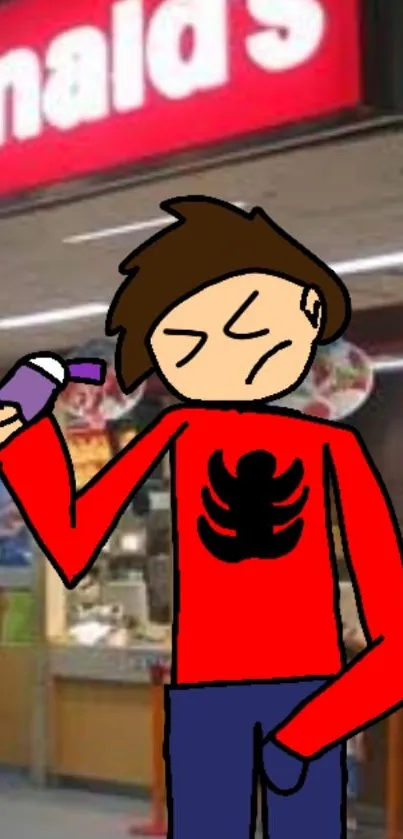 Cartoon character in a red shirt at a lively food court.