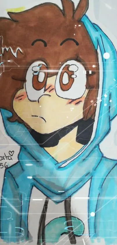 Cartoon character with brown hair in blue hoodie illustration.