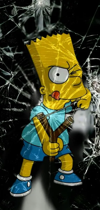 Cartoon character wallpaper with cracked glass background.