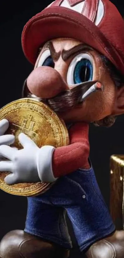 Cartoon character holding a large cryptocurrency coin.