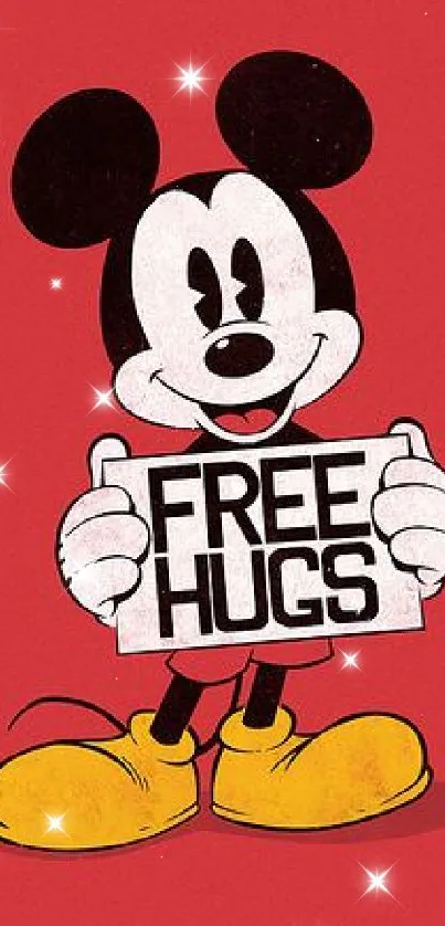 Cartoon character with 'Free Hugs' sign on a red background.