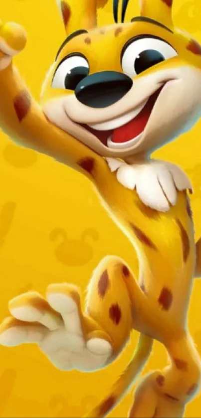 Cheerful cartoon character on yellow wallpaper background.