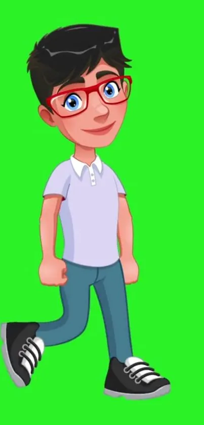 Cartoon character with red glasses on a bright green background.