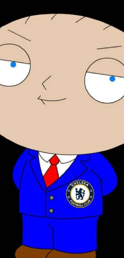 Cartoon character in a blue suit with a football badge on a mobile wallpaper.