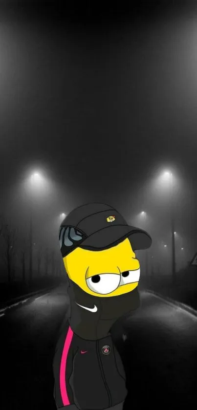 Cartoon character in a foggy, dimly-lit street setting, exuding mystery.